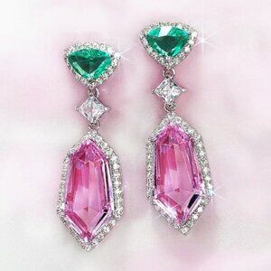 🔥 Irregular Big Triangle Green Pink Drop Wedding Earrings, MLNN1123